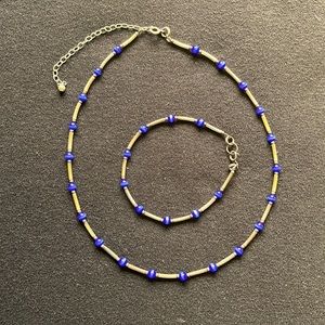 blue tiny bead & silver necklace & bracelet set